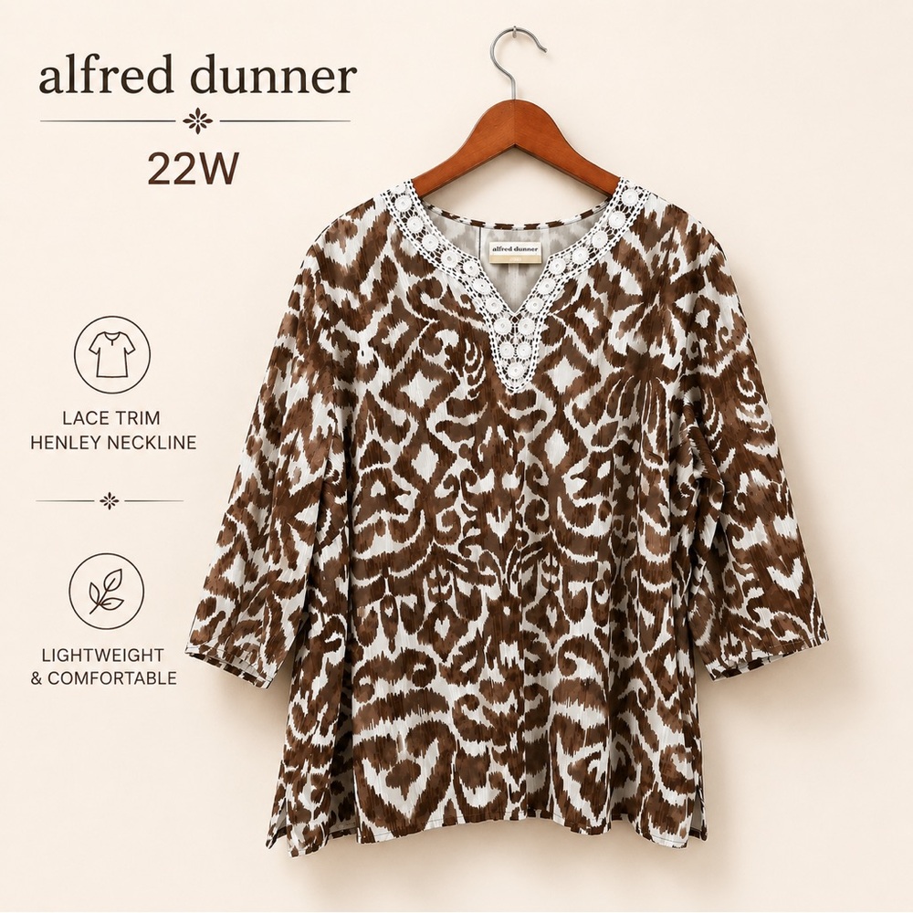 Alfred Dunner Brown & White Printed Tunic with Lace V-Neck